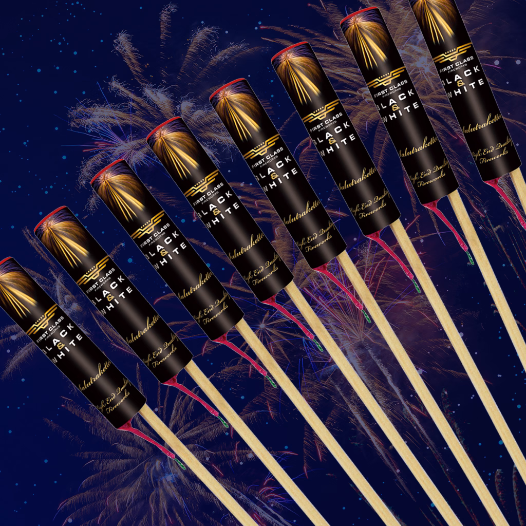 8 Stk. Salutraketter fra First Class – Lyd, Lys og Magi